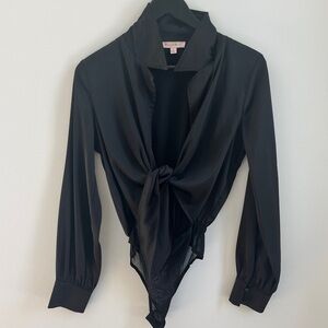 Black Silk Twist Tie Bodysuit Long Sleeve Fleetwood Mac 70s Festival